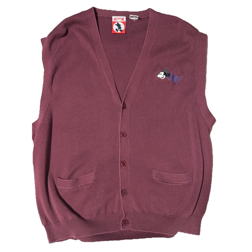 VINTAGE Mickey‎ INC Mickey Disney Sleeveless Cardigan Sweater Vest  Burgundy L